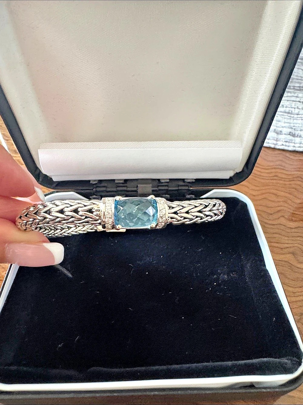 Phillip Gavriel Silver Woven Chain Large Blue Topaz Bracelet Blue Topaz Bracelet